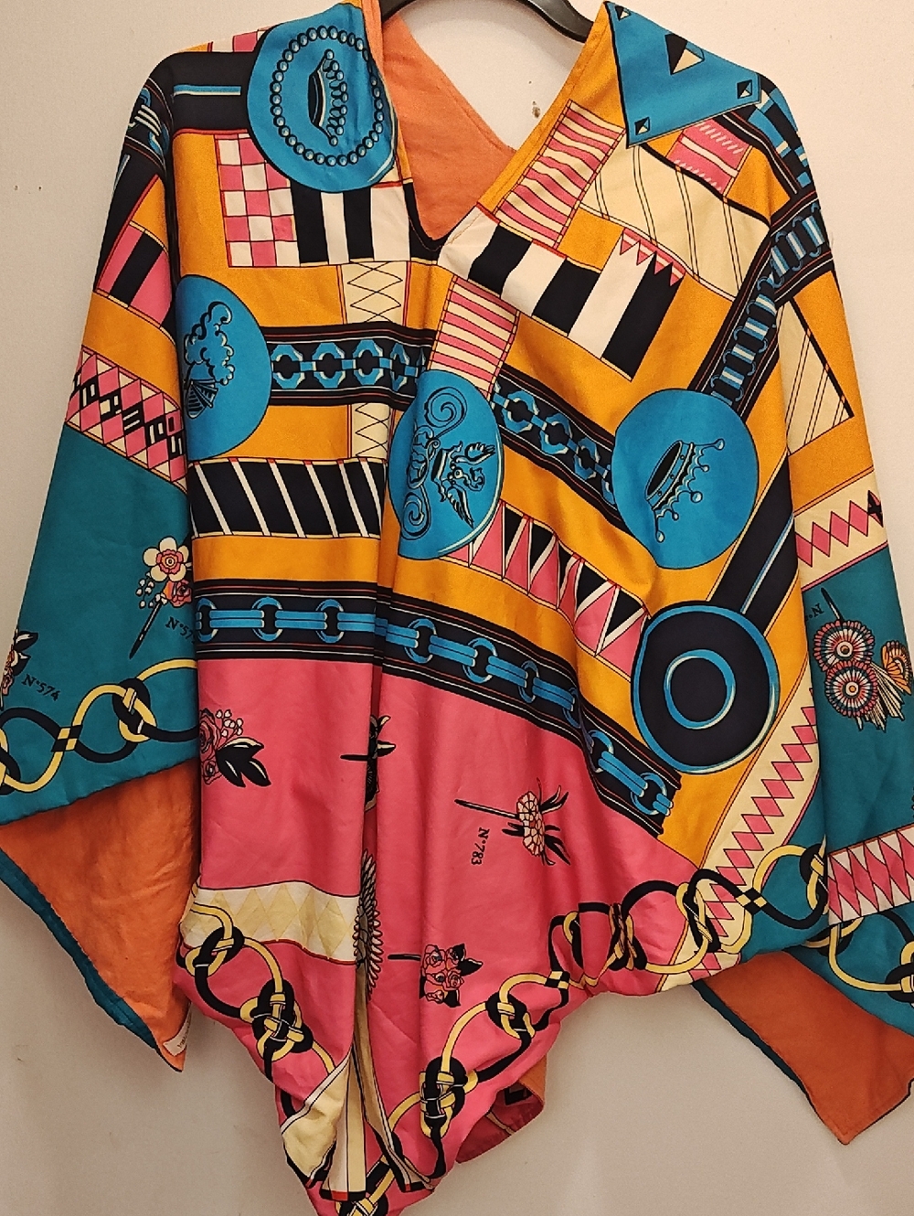 Vibrant Geometric Silk-Style Poncho in Teal, Mustard & Pink